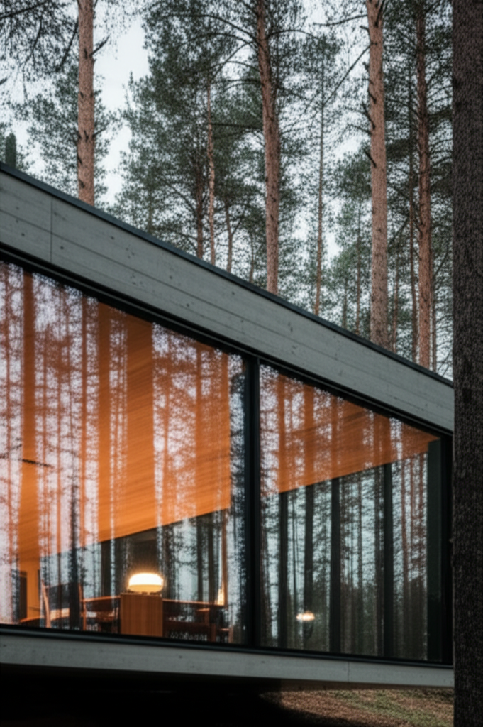 Modern cedar cabin with floor-to-ceiling windows in pine forest